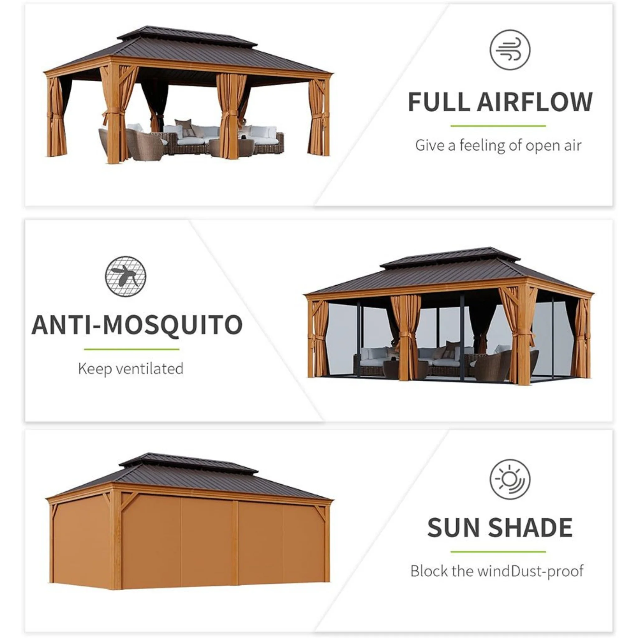 [12X20FT] Alora Premium Large Aluminum Hardtop Gazebo W/ Netting, Privacy Curtains And Wood Grain Finish (SAK58374) - Image 4