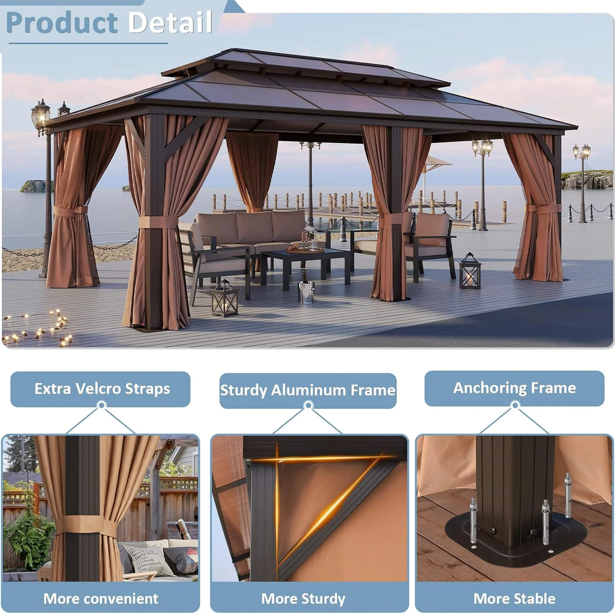 [12X20FT] Alora Premium Aluminum Outdoor Polycarbonate Hardtop Gazebo With Netting & Curtains (SAK36580) - Image 3
