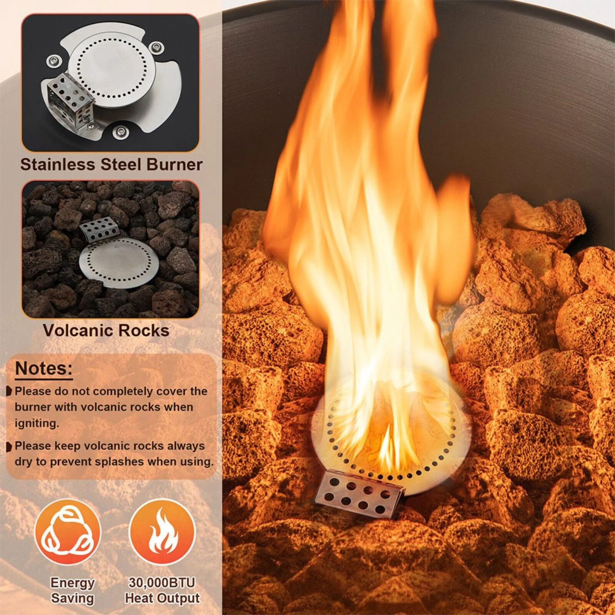 48-Inch Large Outdoor Propane Fire Bowl Column With Cover & Lava Rocks (SAK70938) - Image 4