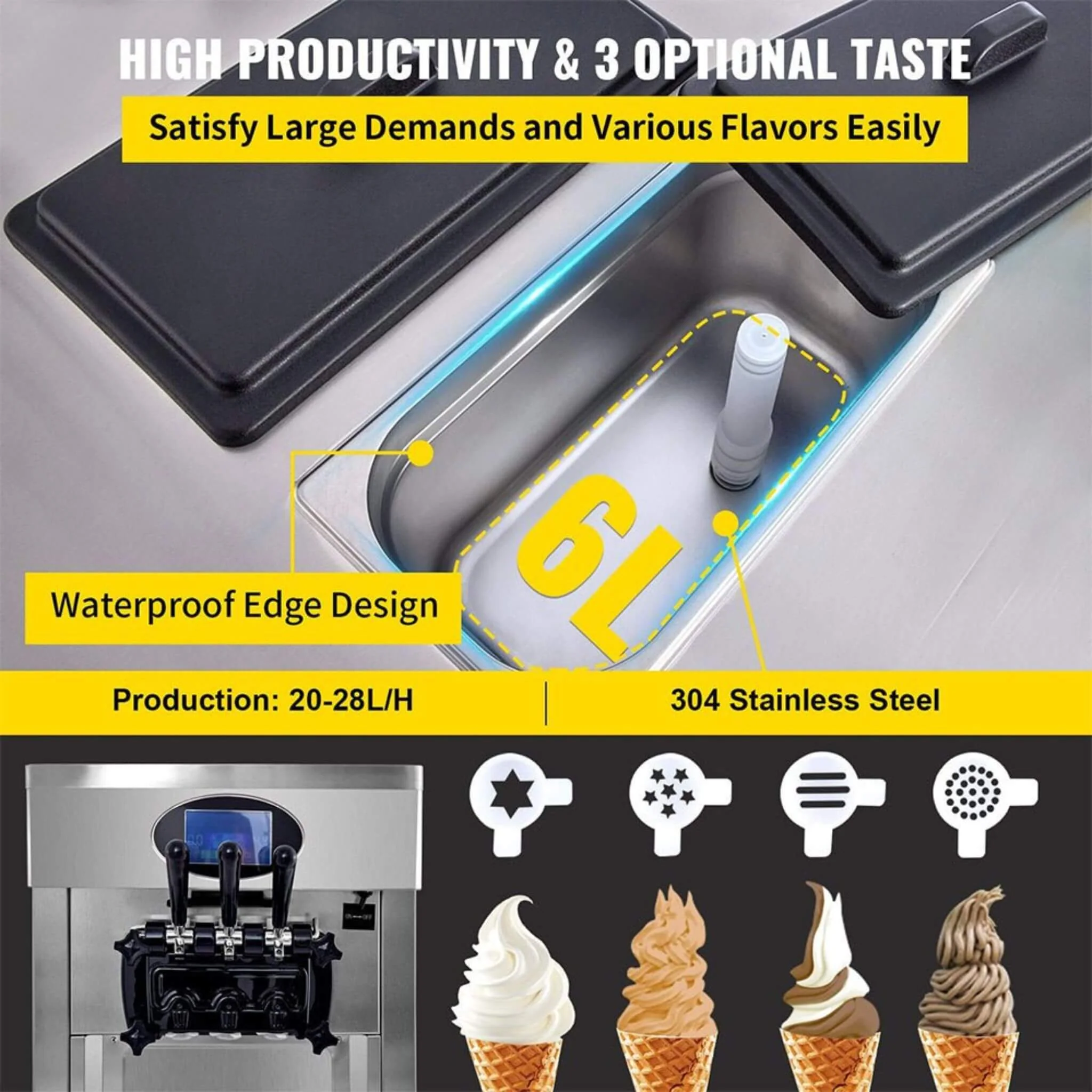 53-Inch Freestanding 3-Flavors Commercial Soft Serve Yogurt Ice Cream Machine Maker With Auto Clean (SAK74031) - Image 5