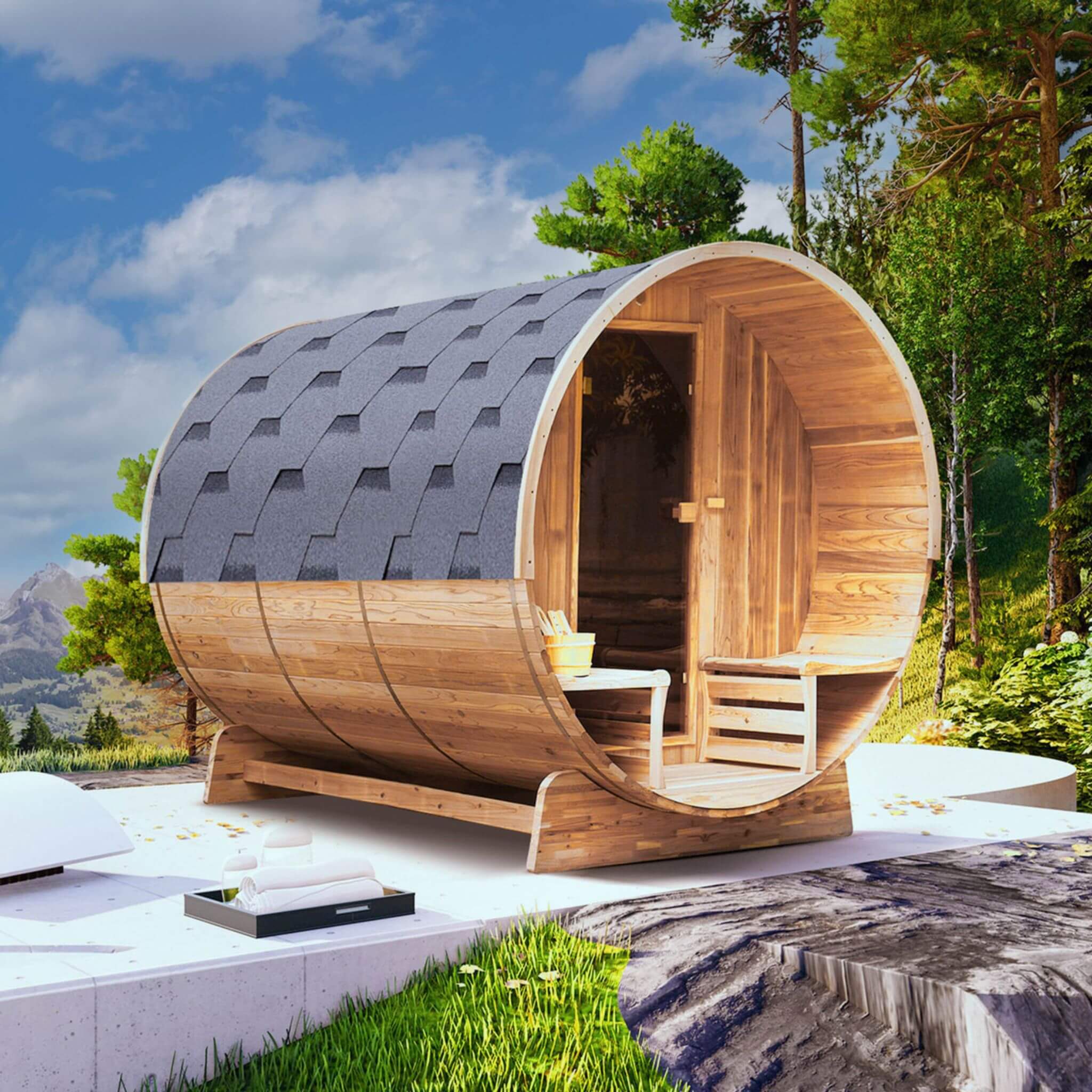 4-Person Outdoor Rustic Cedar Barrel Steam Sauna With 4.5KW Harvia KIP Heater And Tempered Glass Door (SAK39482) - Image 6