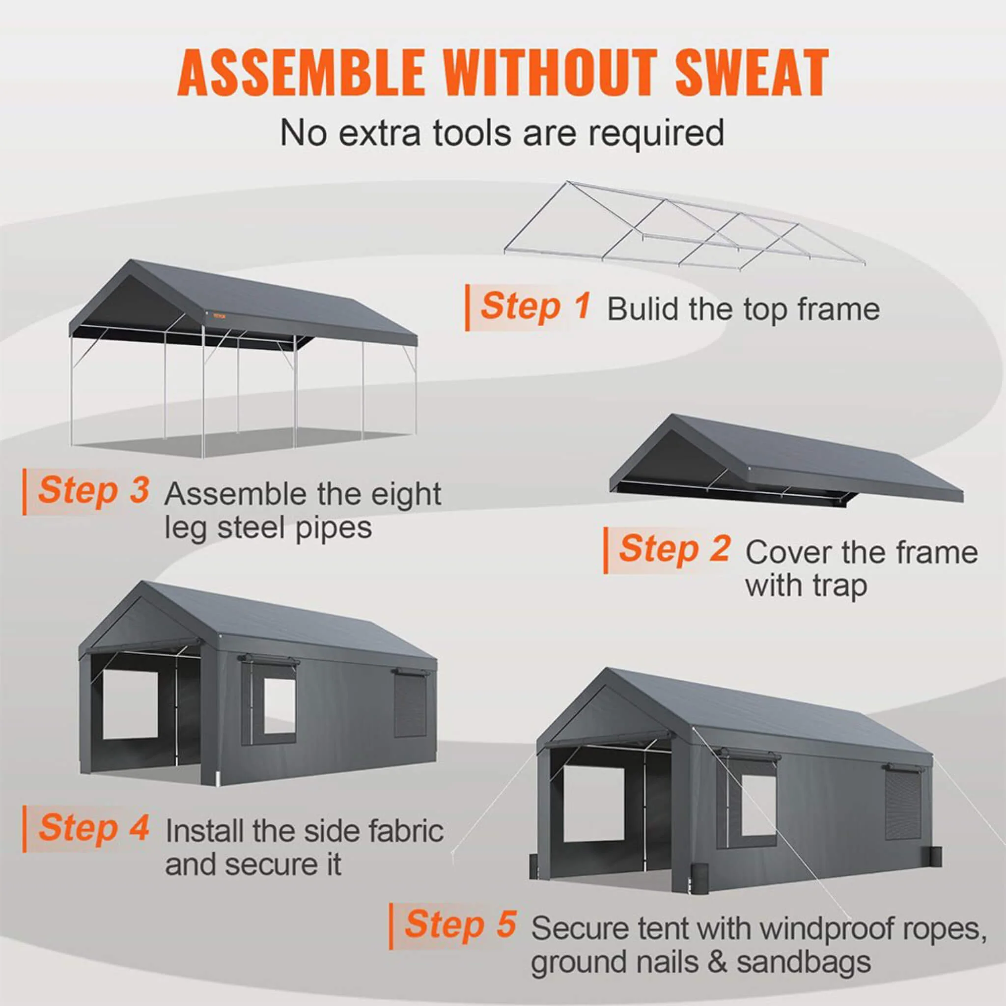 [12X20FT] Alora Heavy-Duty Outdoor Premium Garage Tarp Canopy Shelter W/ Removable Sidewalls (SAK94615) - Image 11