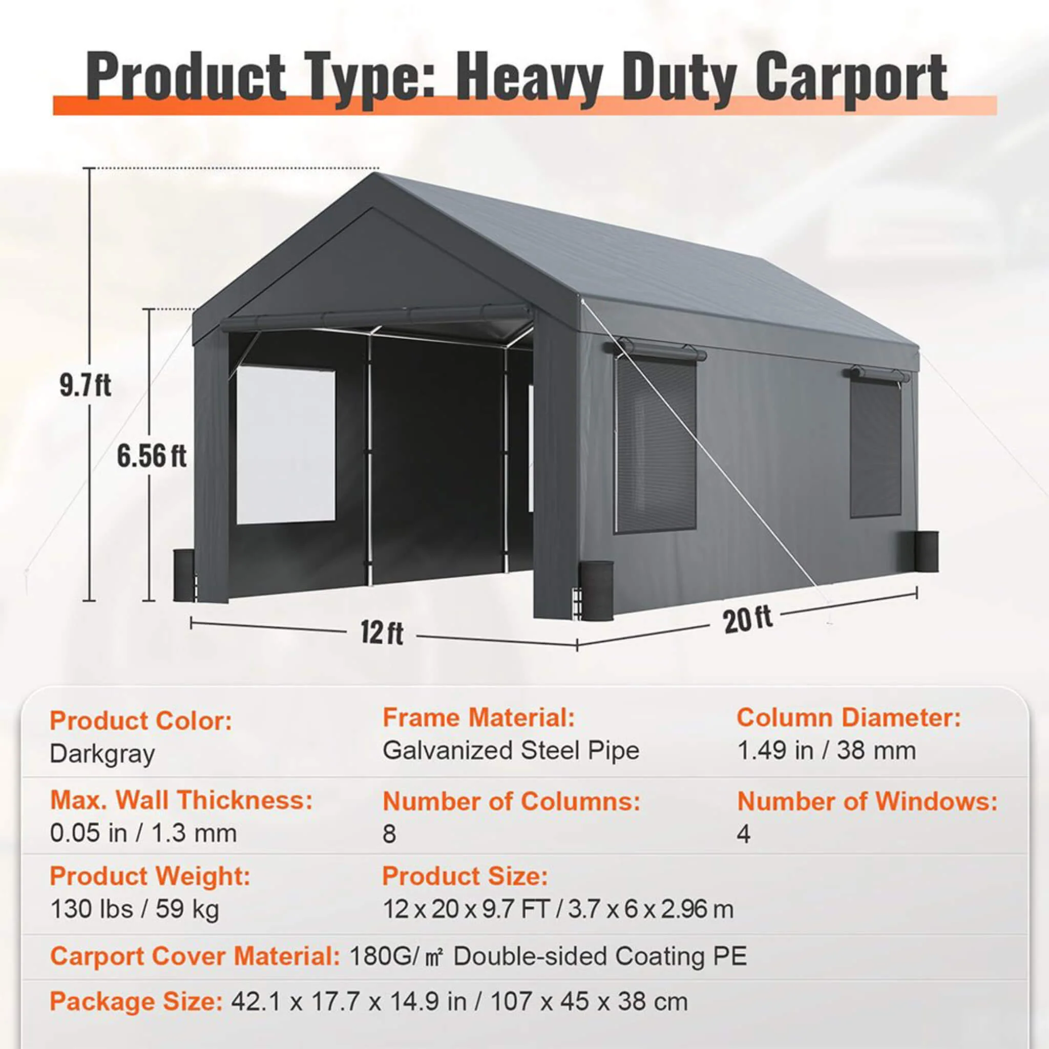 [12X20FT] Alora Heavy-Duty Outdoor Premium Garage Tarp Canopy Shelter W/ Removable Sidewalls (SAK94615) - Image 13