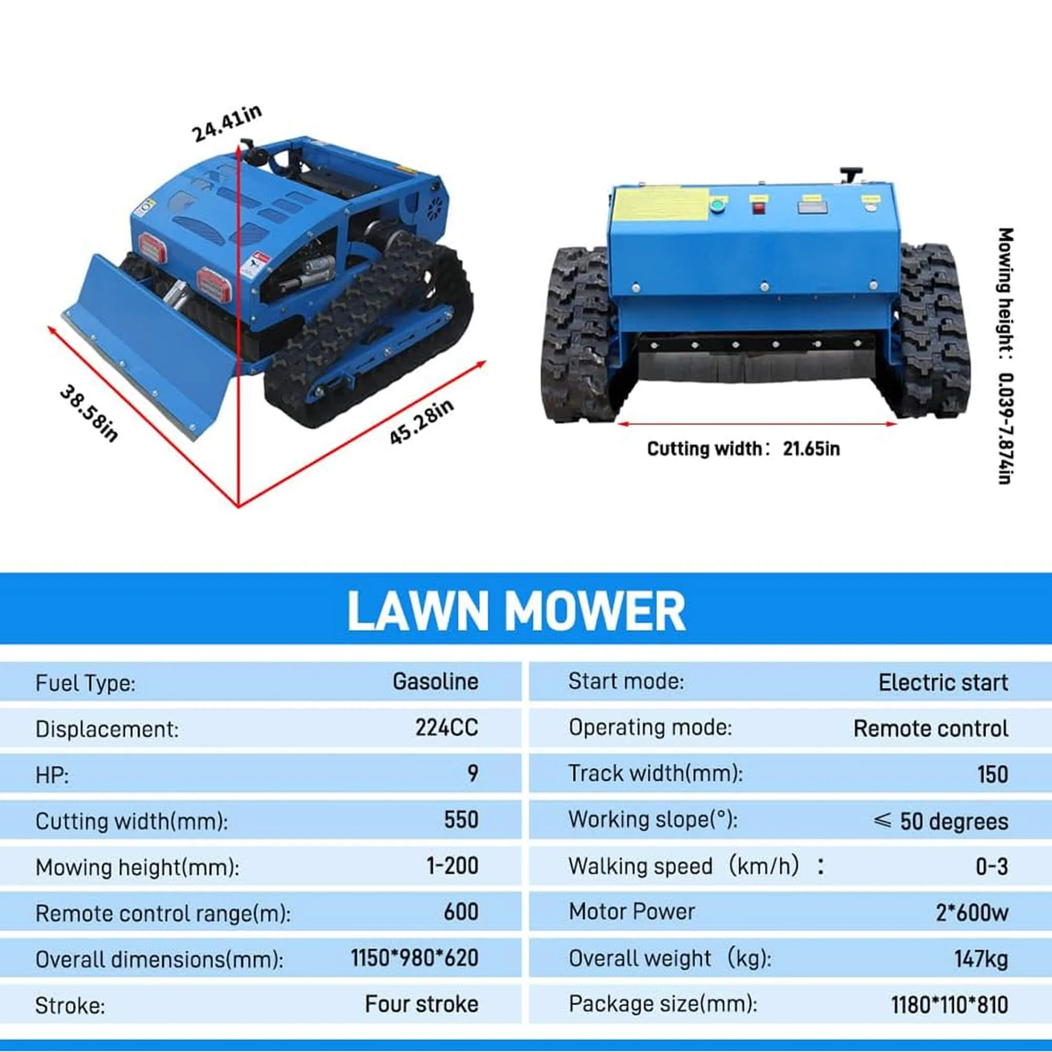 Heavy-Duty 21-Inch 9HP Commercial Remote-Controlled Robotic Lawn Mower With Tracks And Plow (SAK26583) - Image 11