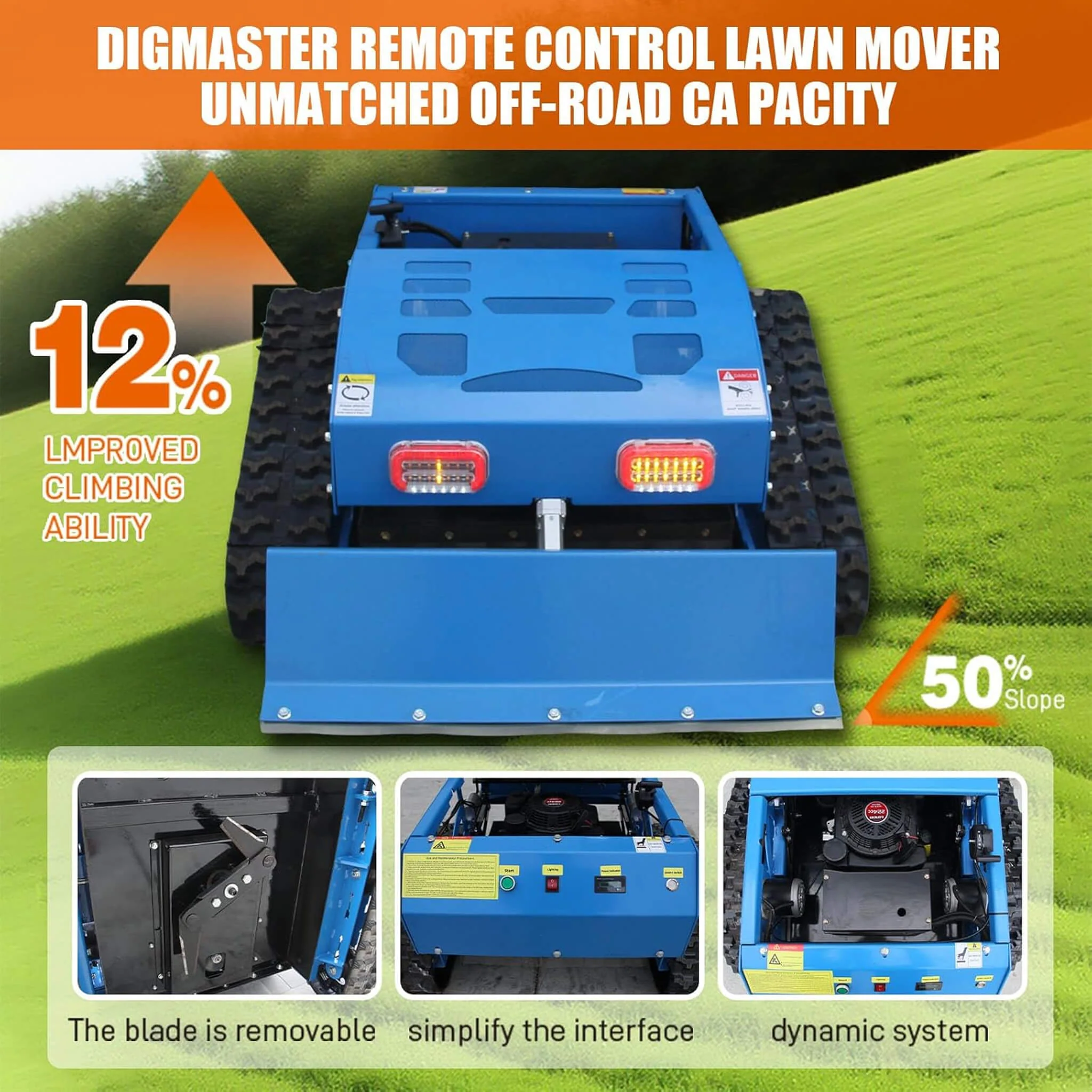 Heavy-Duty 21-Inch 9HP Commercial Remote-Controlled Robotic Lawn Mower With Tracks And Plow (SAK26583) - Image 4