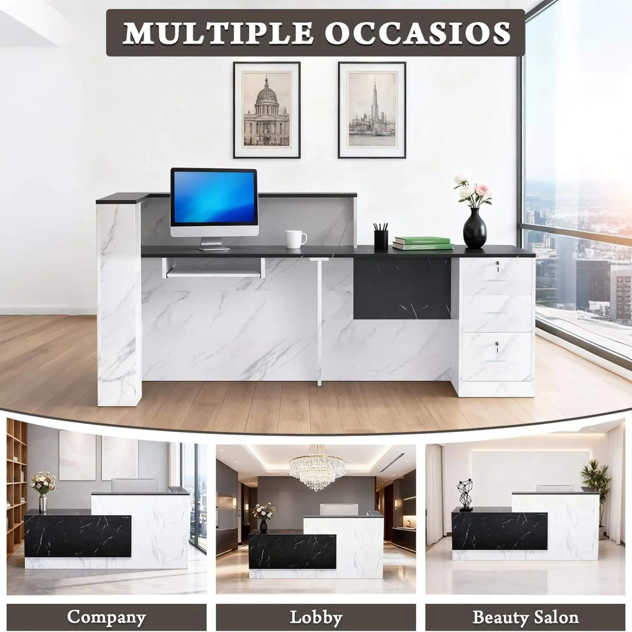 Velmor L-Shaped Modern Black And White Reception Desk With Lockable Drawers (SAK50729) - Image 3