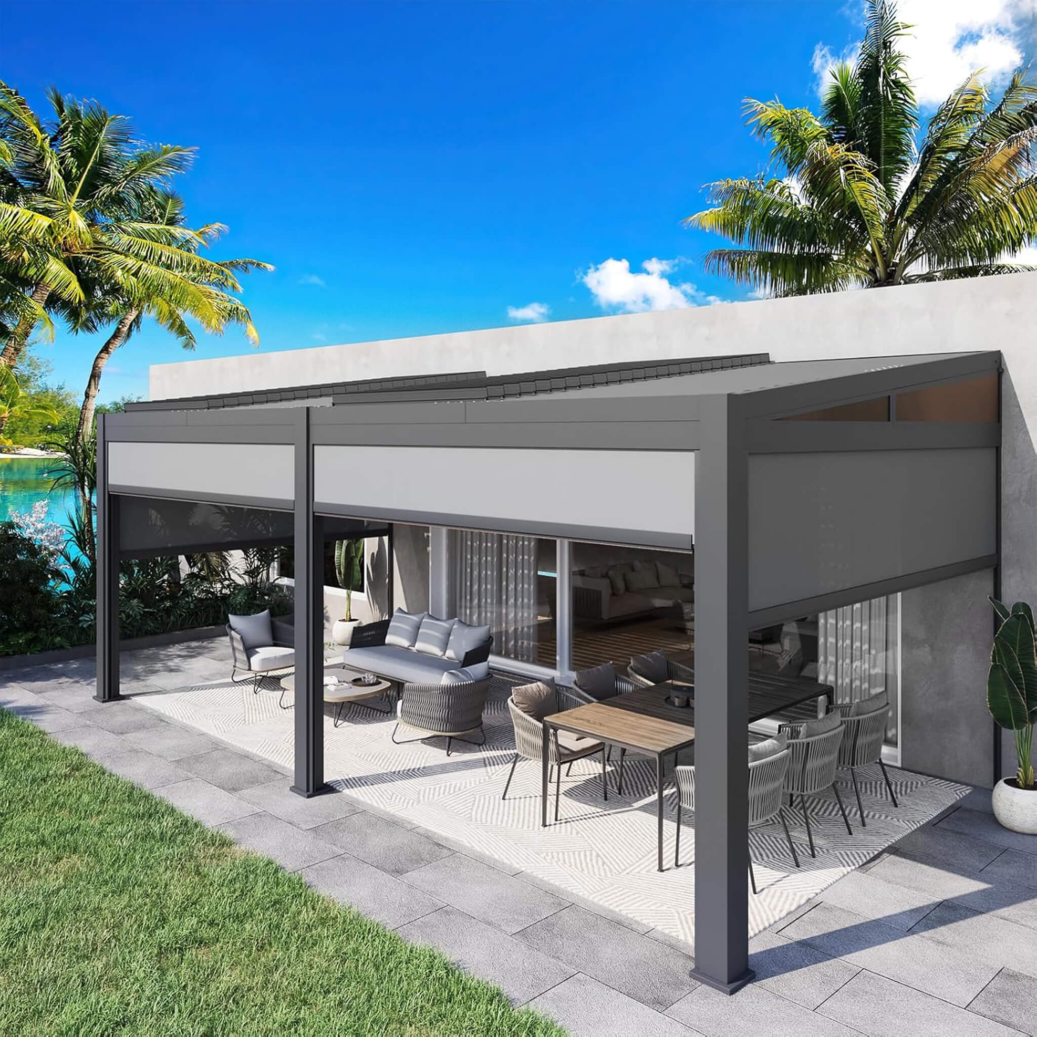 Alora Luxury Wall-Mounted Aluminum Louvered Pergola With Pull-Down Screens (SAK91537) - Image 9