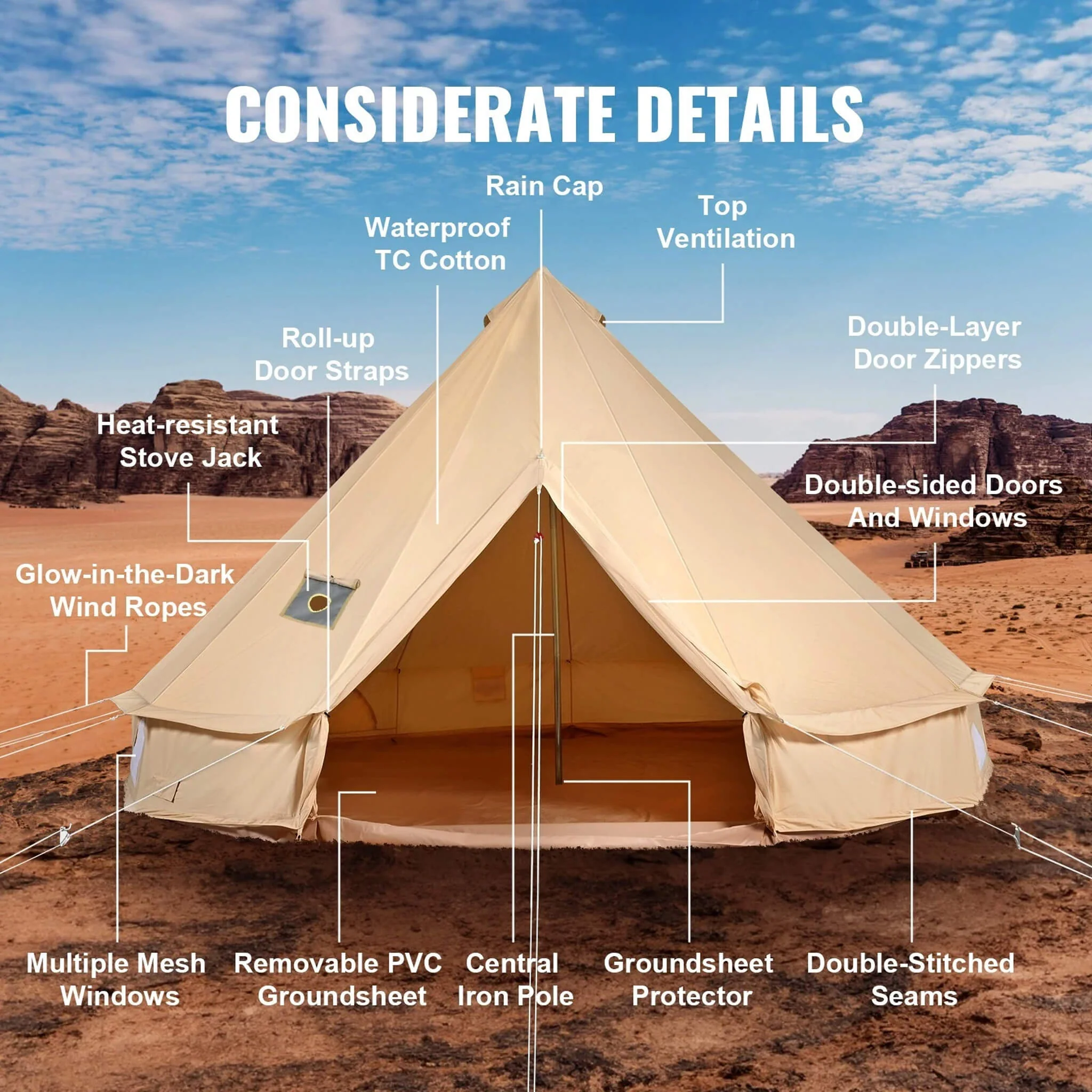 Premium 4-Season Camping Canvas Bell Yurt Tent With Stove Jack (SAK47589) - Image 6