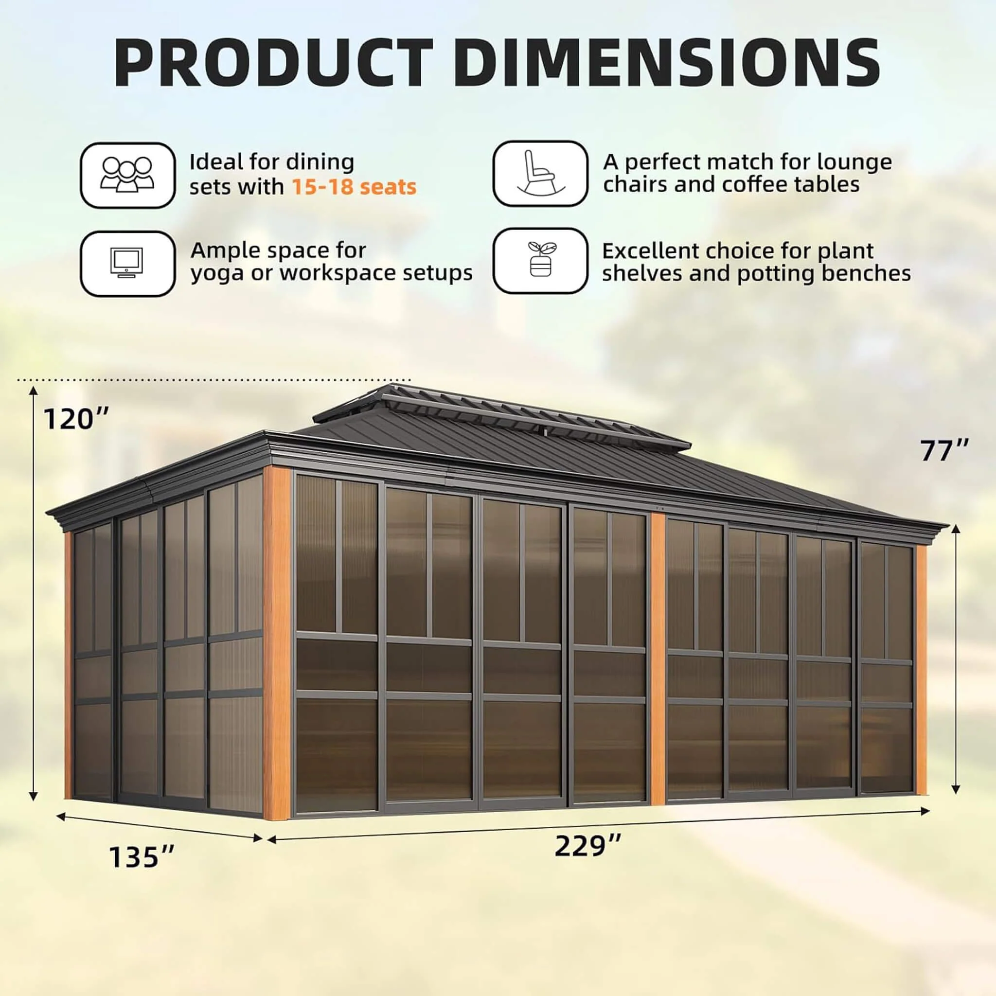 Alora Solstice Premium All-Season Outdoor Wood Grain Sunroom With Sliding Doors And Double Top Roof (SAK58317) - Image 13