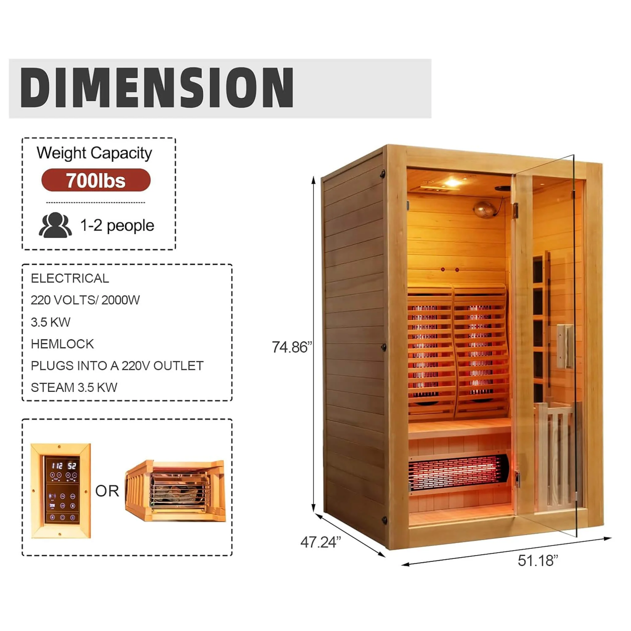 Rövia Luma 2-Person Indoor Hybrid Sauna Room With Infrared And 3.5KW Steam Heater [Made-To-Order] (SAK83750) - Image 4